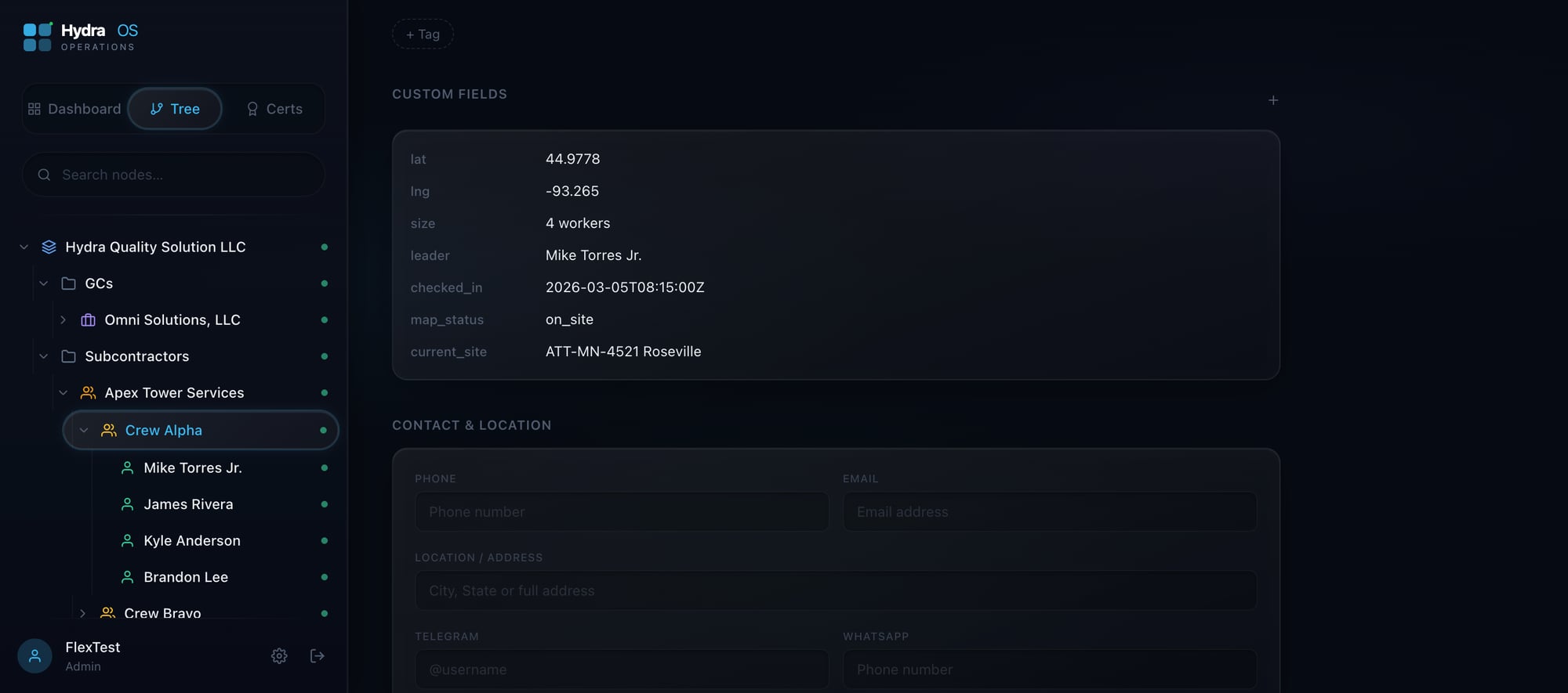 Crew details with custom fields and location data